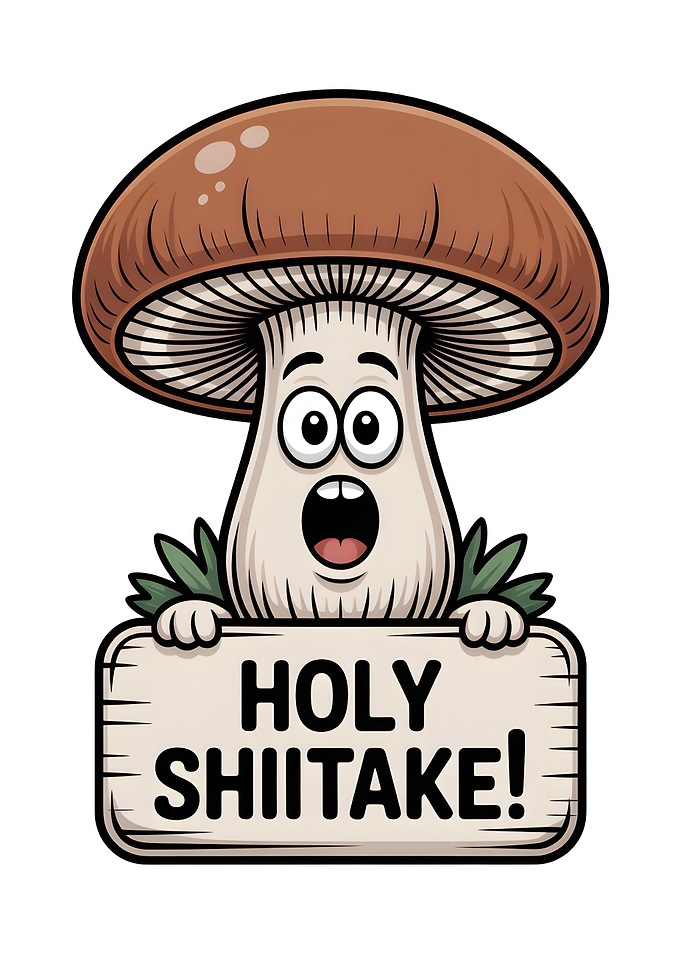 Funny Mushroom with 'Holy Shiitake!' Sign