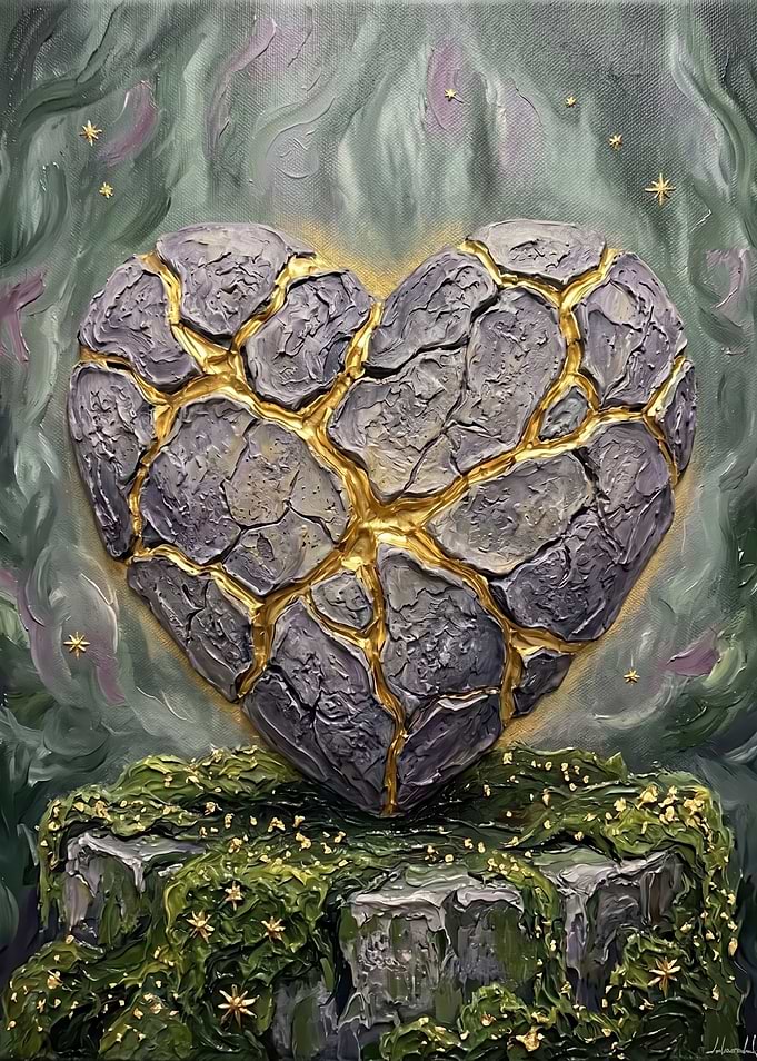 Cracked Stone Heart with Gold