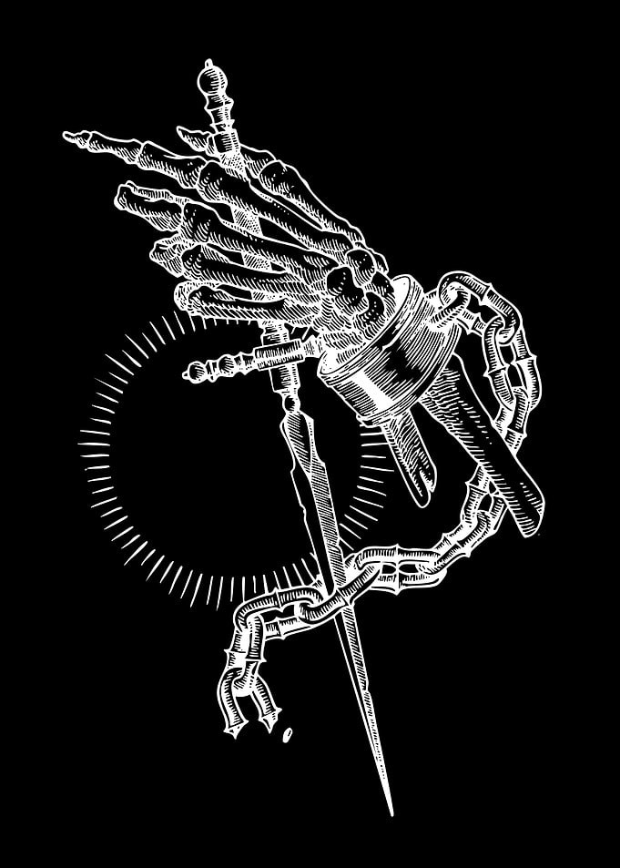 Skeleton Hand with Sword and Chain