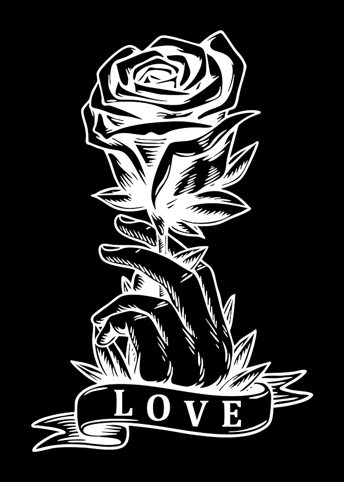 Hand Holding a Rose with Love Banner