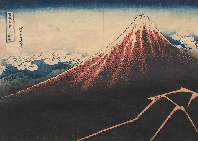 Red Fuji Under Stormy Sky