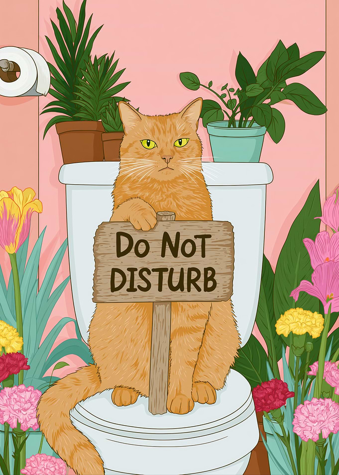 Cat on Toilet with Do Not Disturb Sign