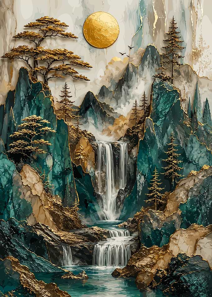 Golden Mountain Waterfall Landscape