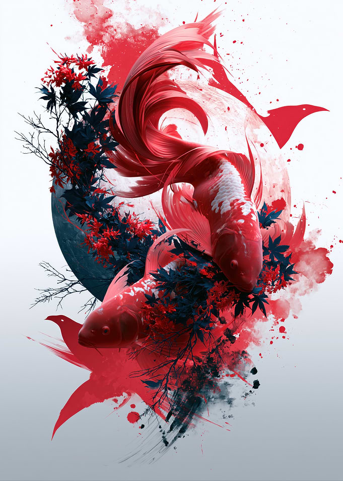 Red Koi Fish with Floral Elements