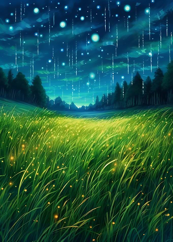 Magical Night Meadow with Fireflies