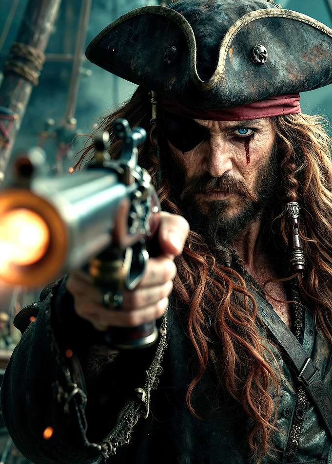 Pirate aiming a flintlock pistol