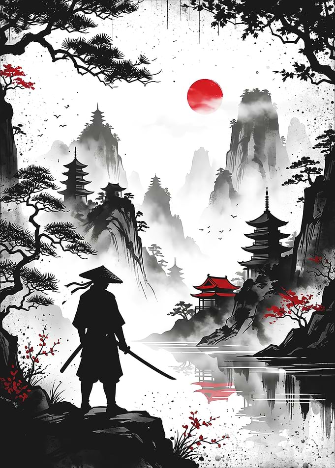 Samurai in a Misty Japanese Landscape