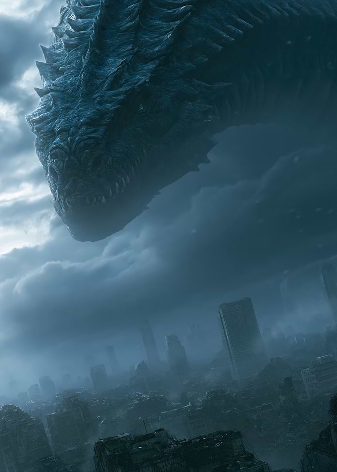 Giant Dragon Over Ruined City
