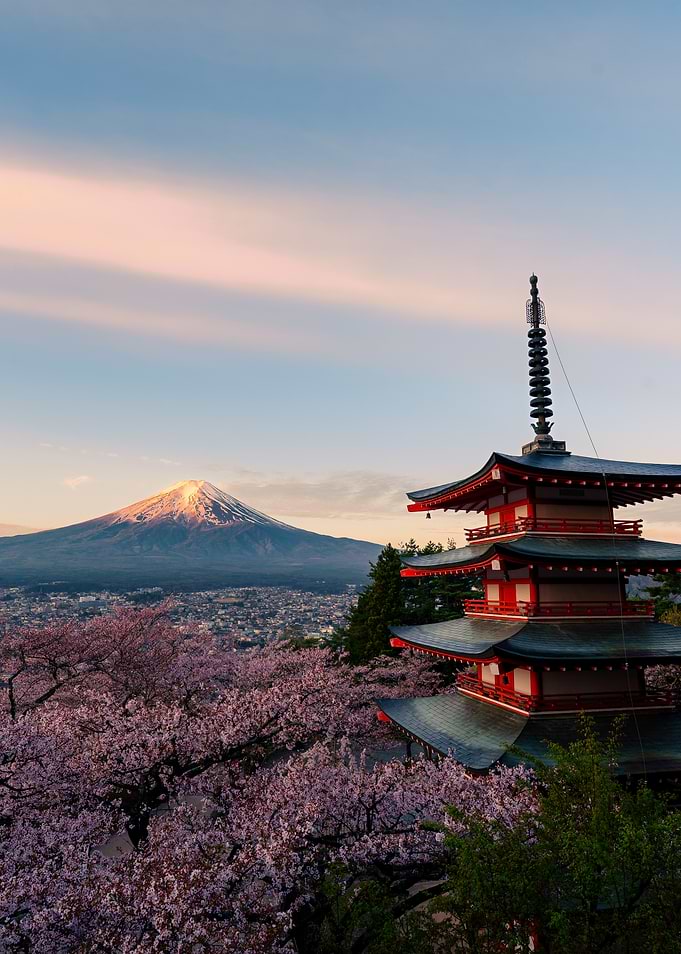 Mount Fuji and Pagoda with Cherry Blossoms
