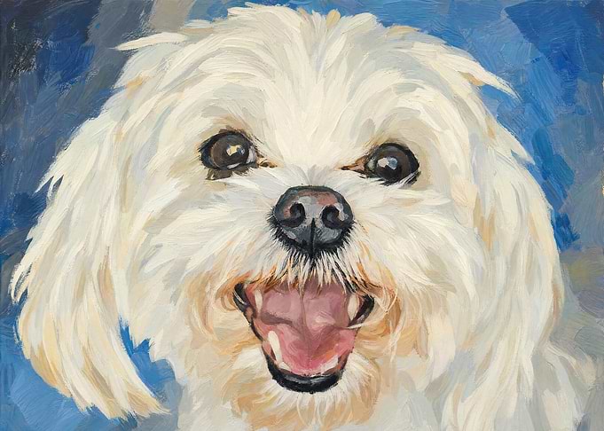 Painting of a happy white dog