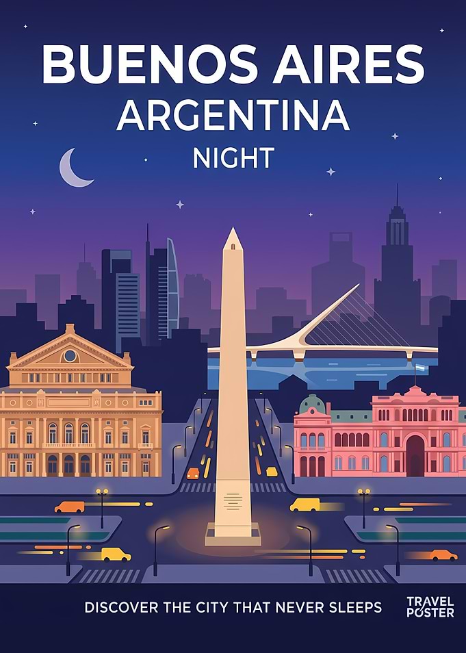 Buenos Aires Argentina Night Travel Poster