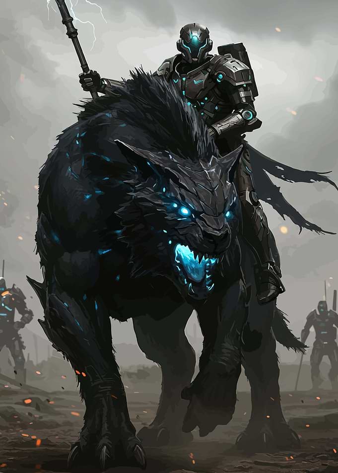 Cyberpunk Warrior Riding a Beast