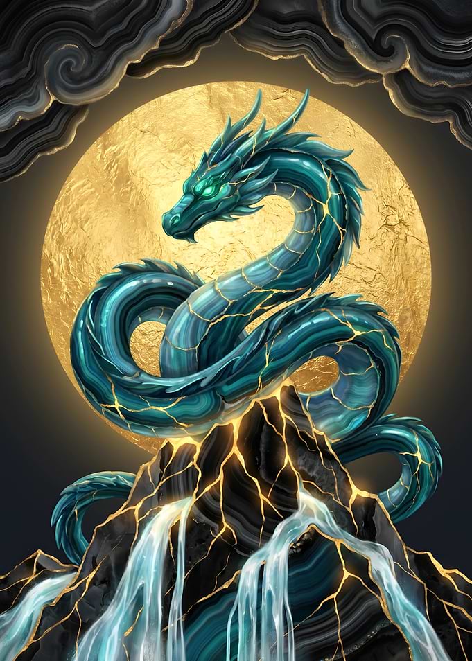 Dragon on Mountain with Golden Moon Kintsugi Art