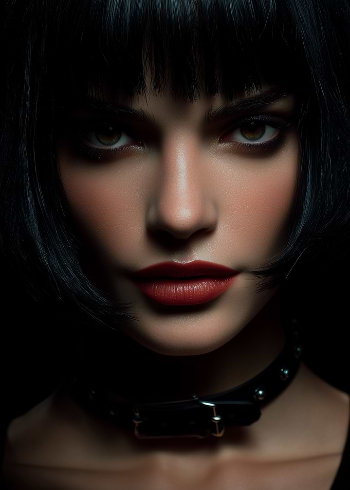 Close-up of a woman with dark hair and red lips