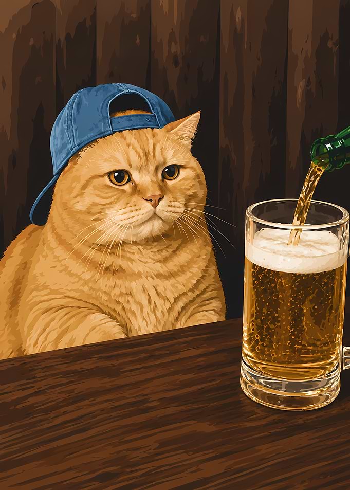 Cat in a Cap Drinking Beer