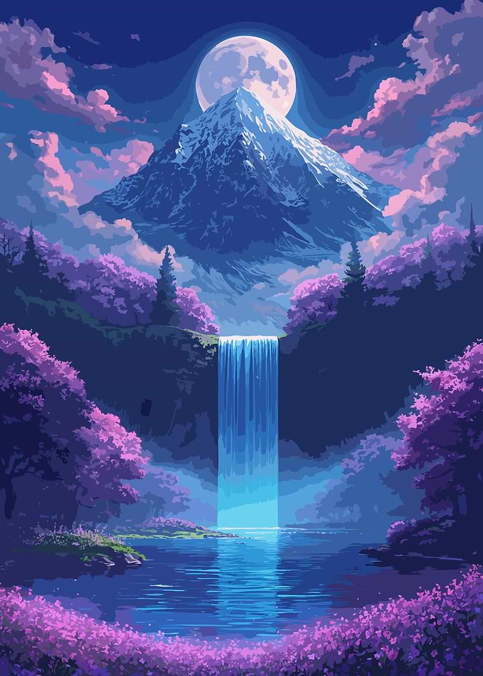 Mountain Waterfall and Full Moon