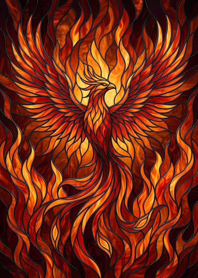 Stained Glass Phoenix Ascension in Flames