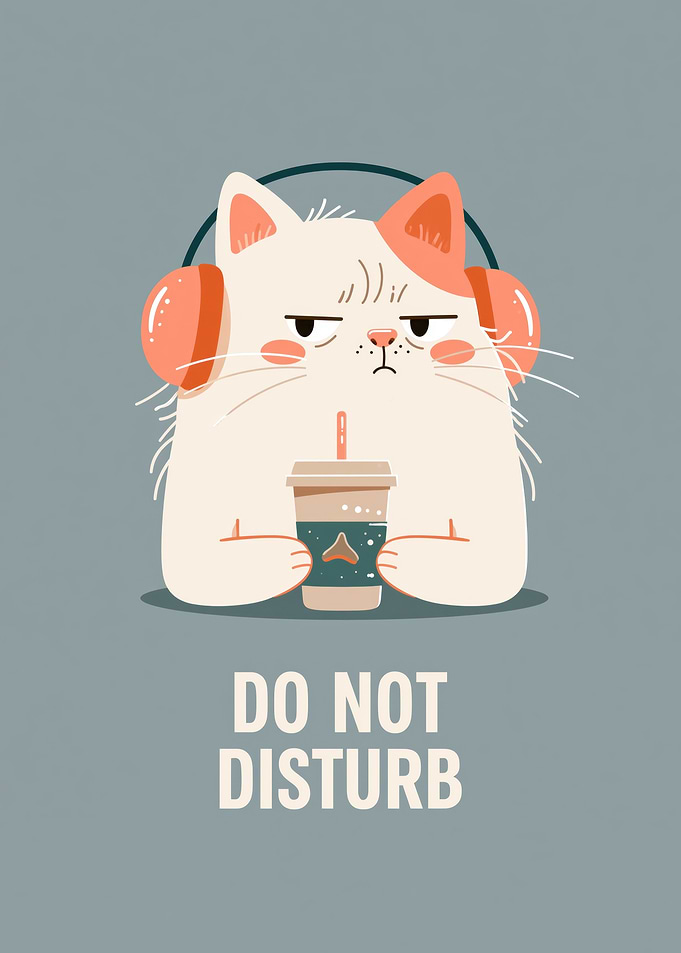 Grumpy Cat with Headphones and Coffee