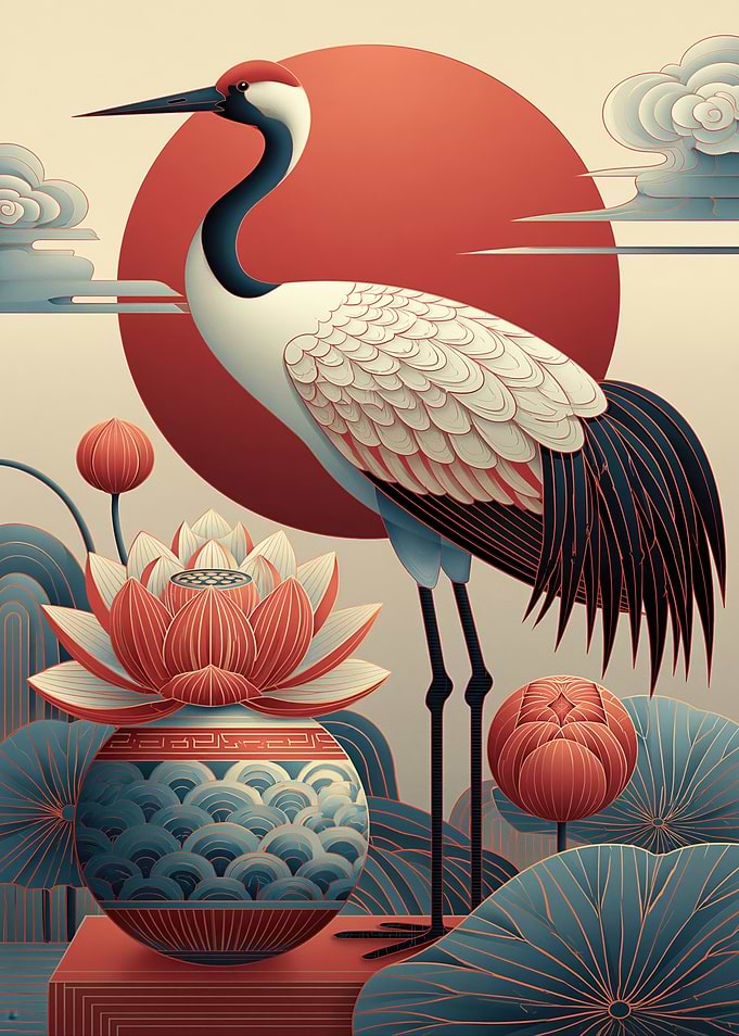 Japanese Crane and Lotus Vase