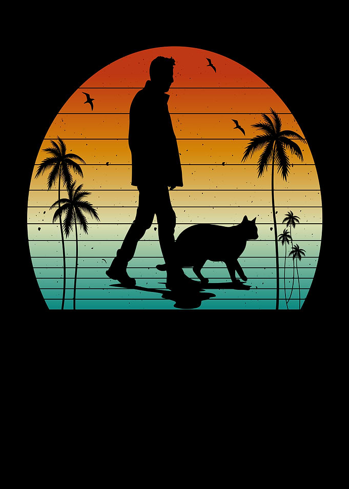 Man and Cat Walking at Sunset
