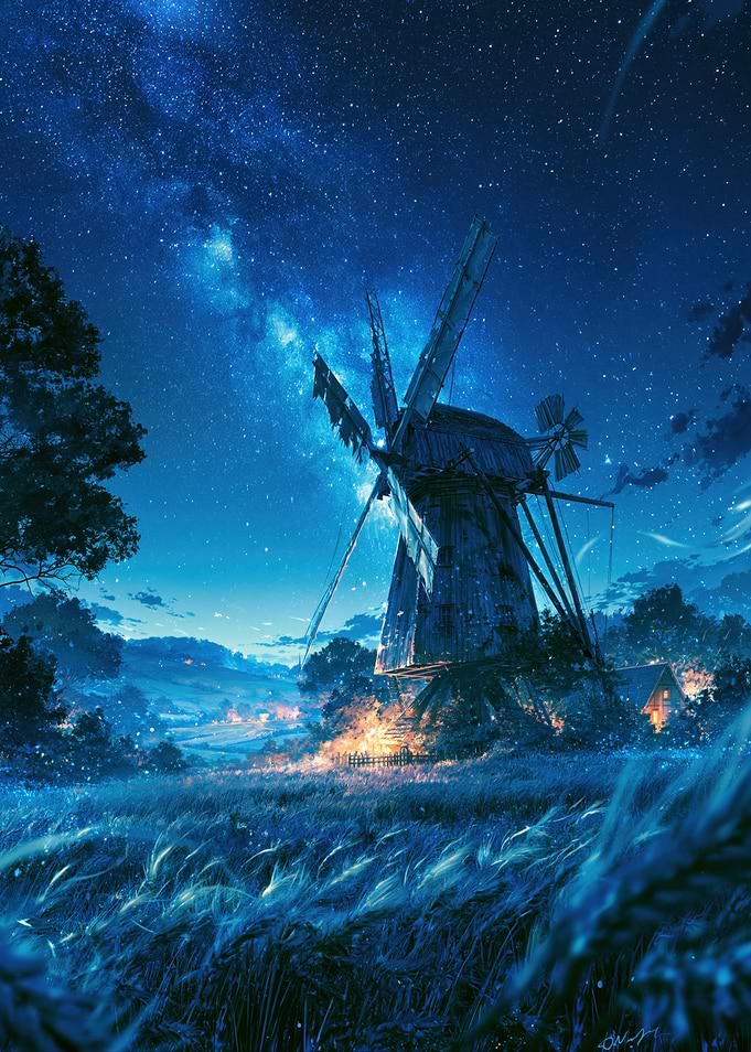 Enchanted Night Landscape with Windmill