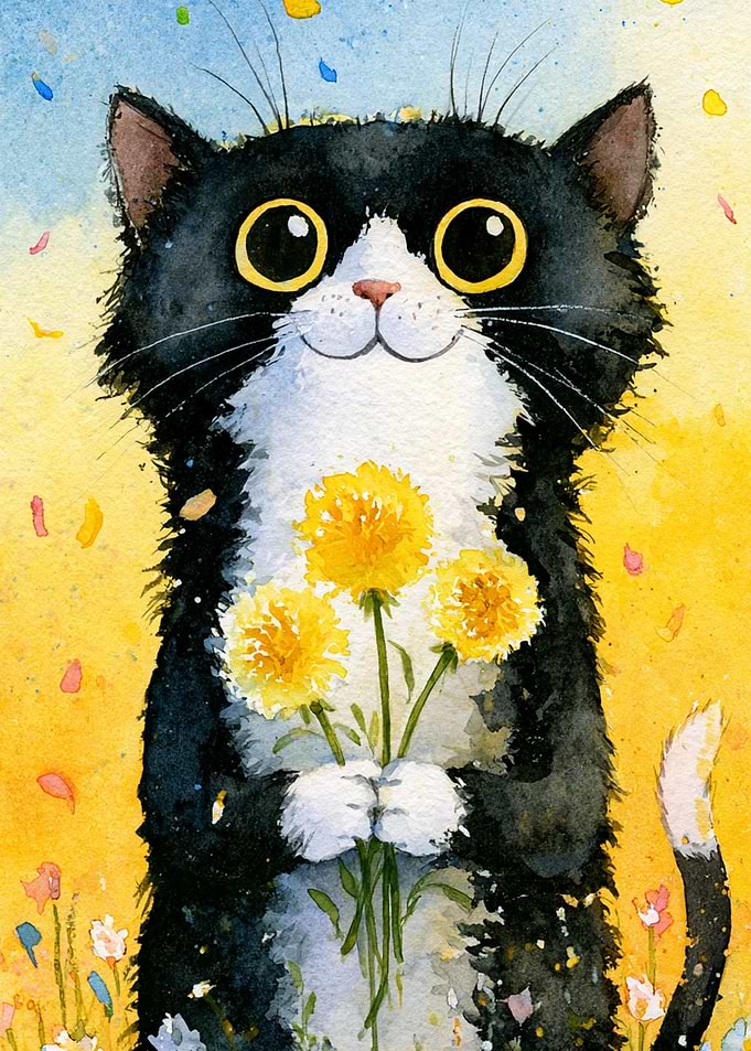 Cute Cat Holding Dandelions