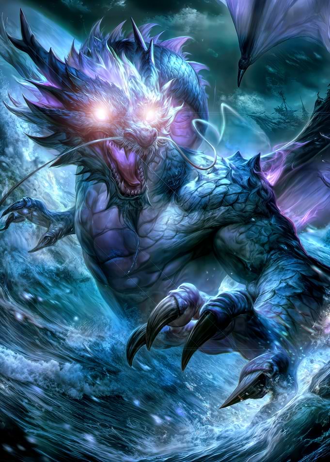 Fierce Blue Dragon in Stormy Seas