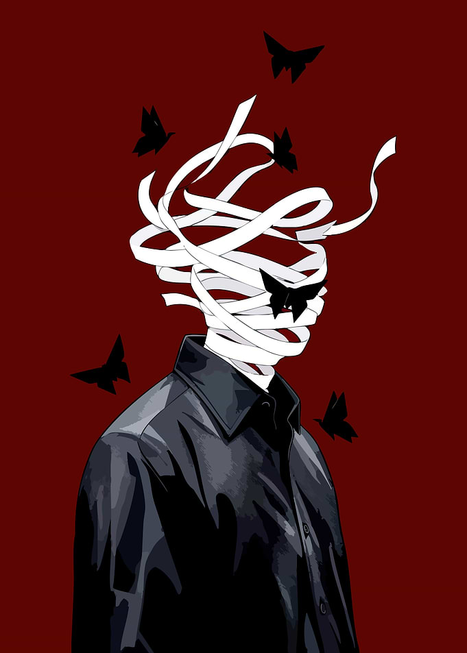 Figure with Bandaged Head and Butterflies