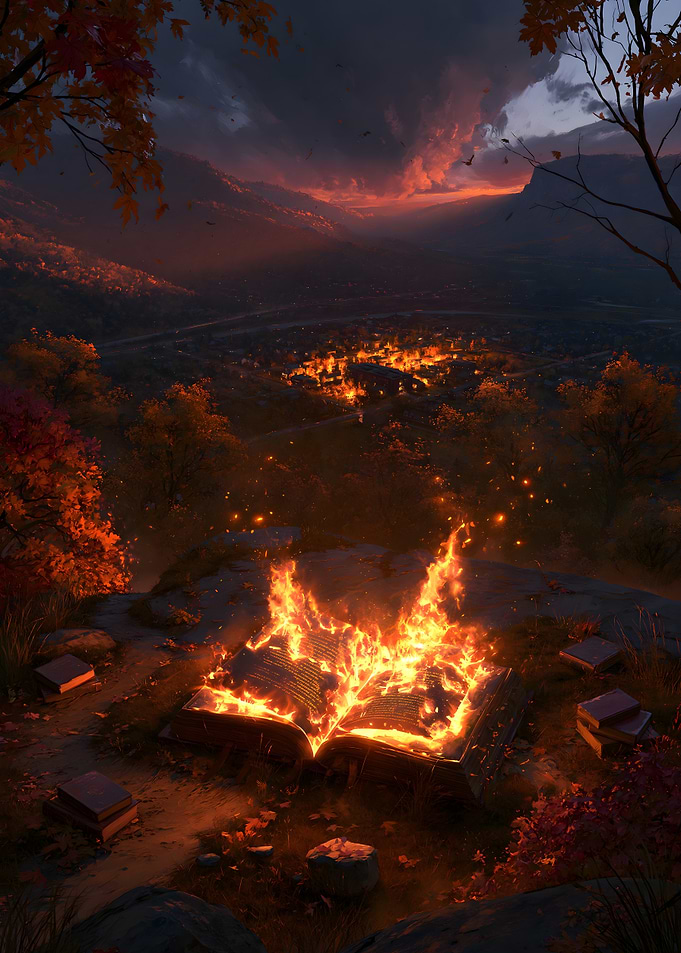 Burning Book in a Forest at Dusk