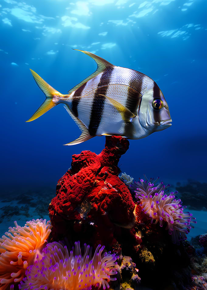 Striped fish above coral reef