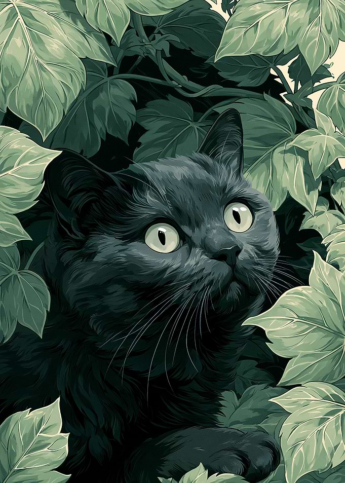 Black Cat Among Green Leaves