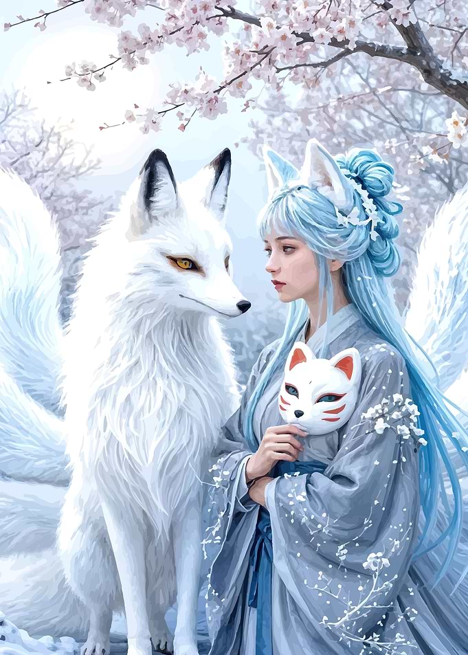 Kitsune Girl and Fox in Winter