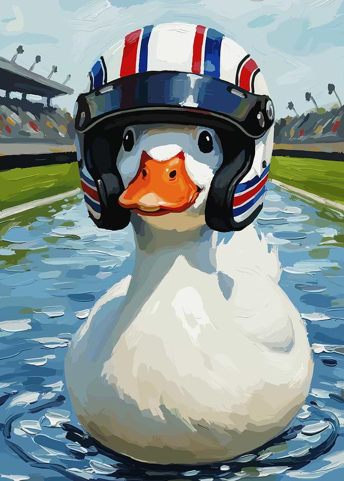 Duck in Racing Helmet on Track
