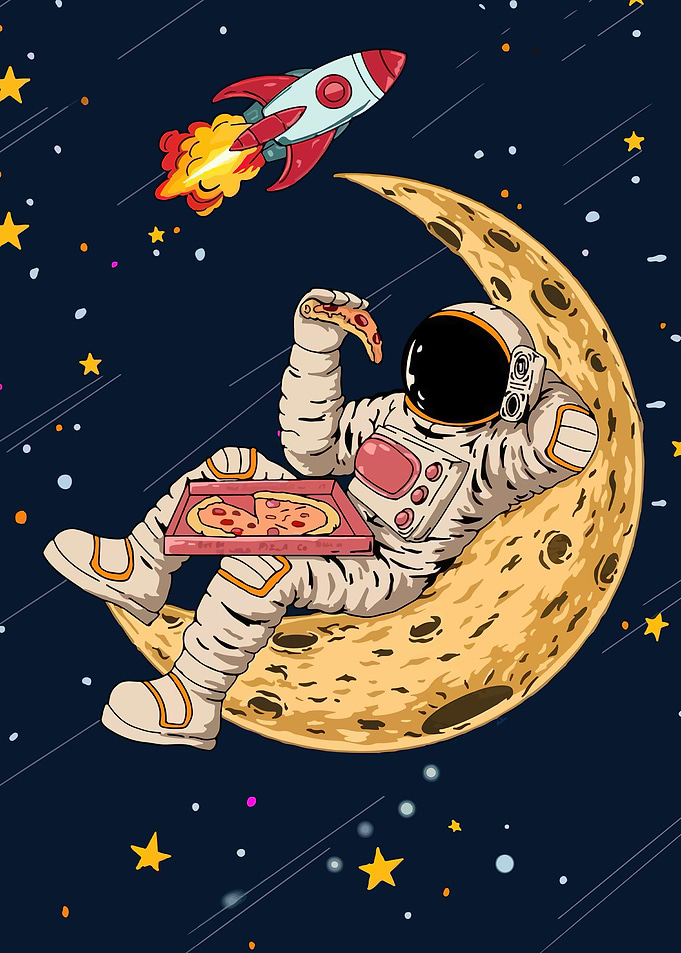 Astronaut eating pizza on the moon