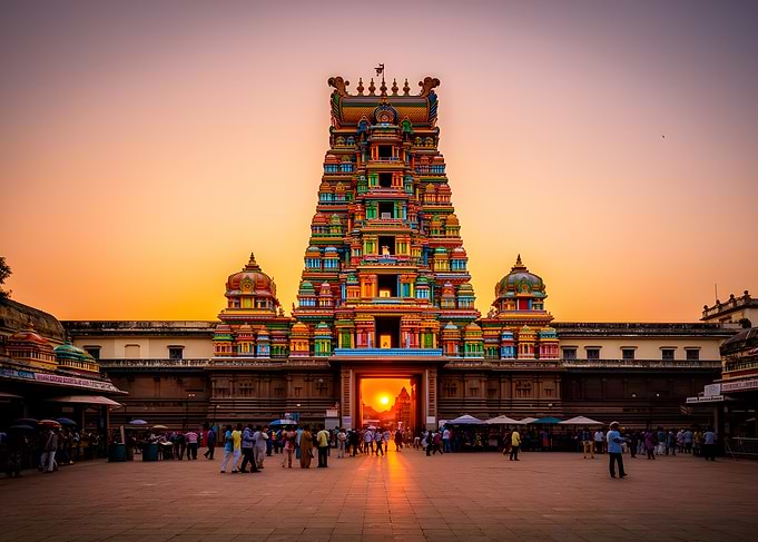 Vibrant Hindu Temple at Sunset