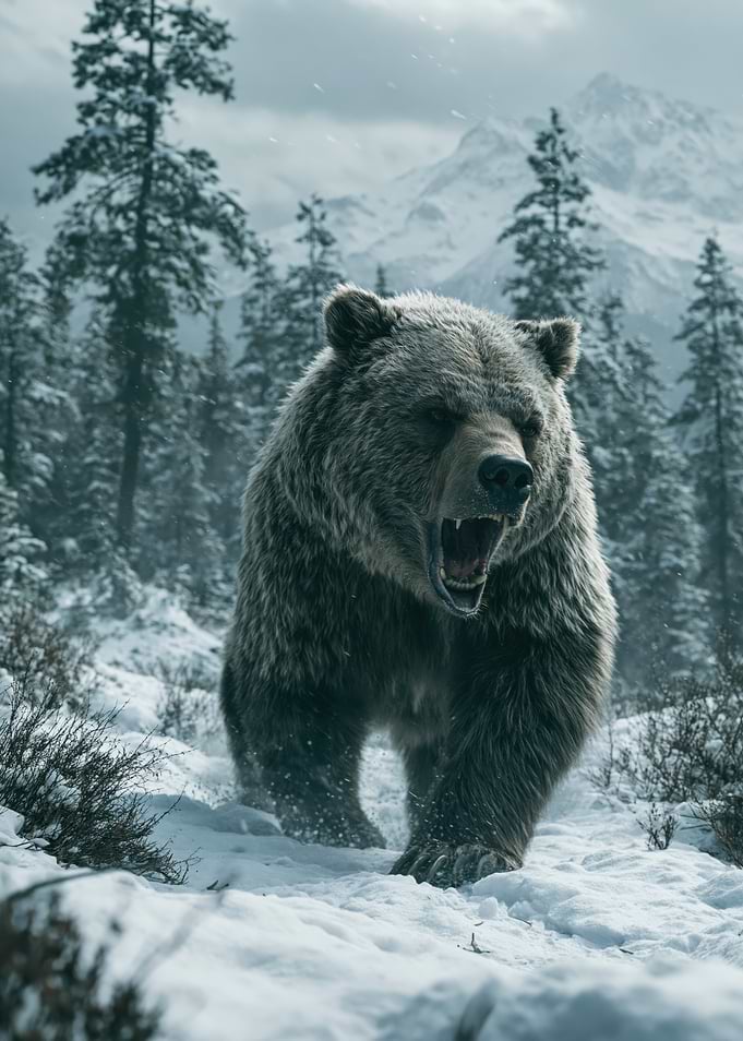 Aggressive Grizzly Bear in Snowy Forest