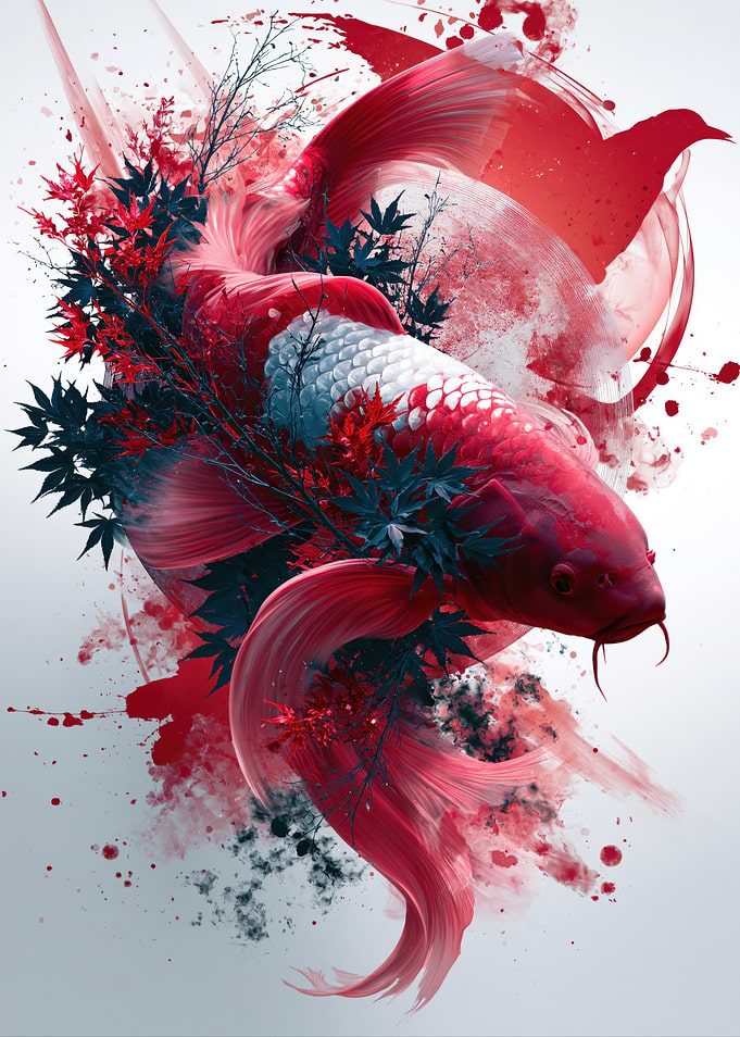 Red Koi Fish with Maple Leaves