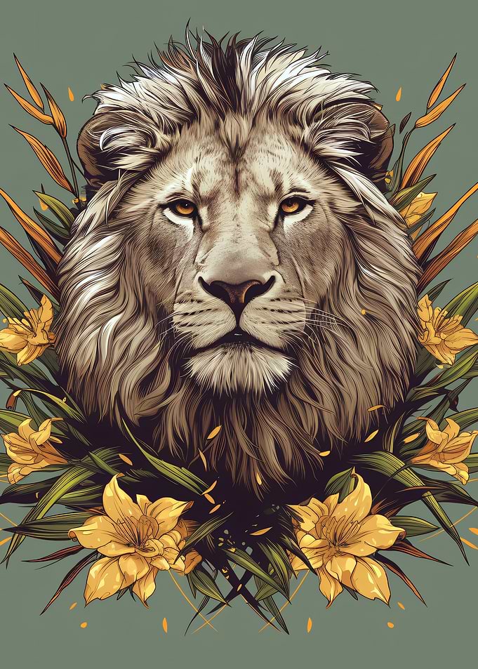 Majestic Lion with Yellow Flowers