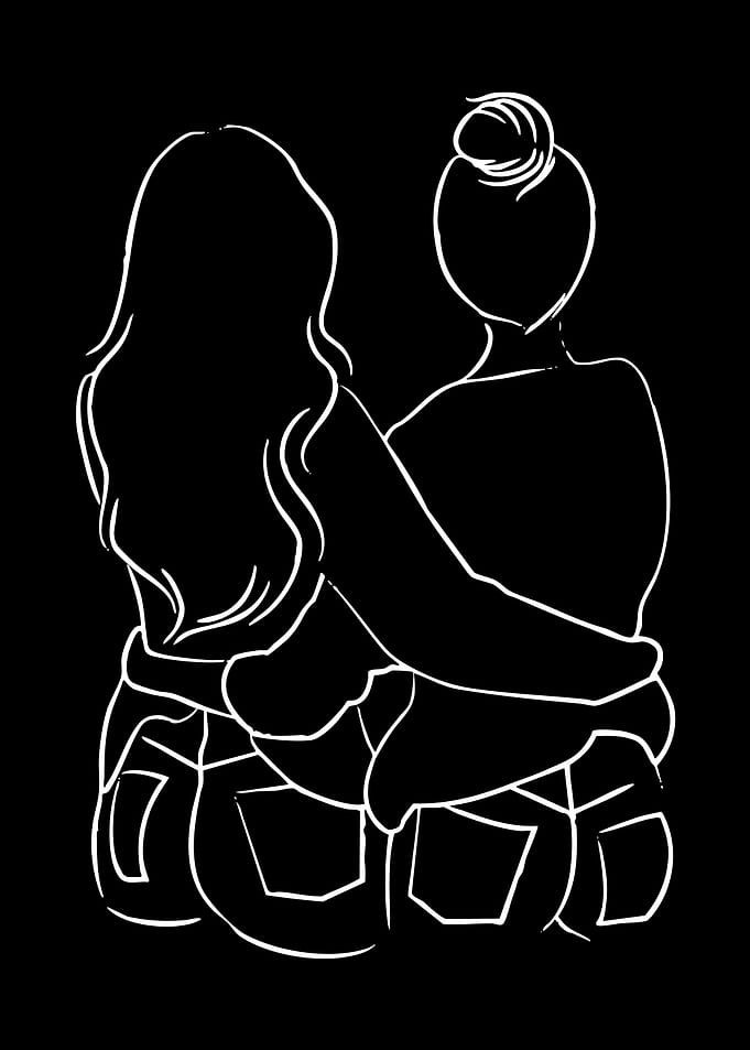 Two women hugging, minimalist line art