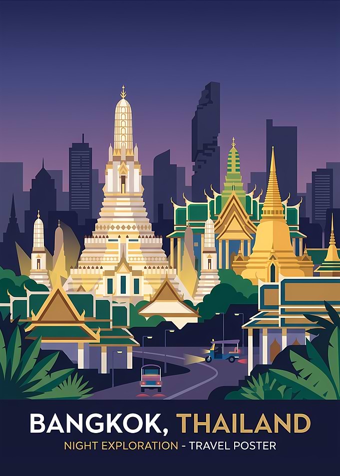 Bangkok Thailand Night Exploration Travel Poster