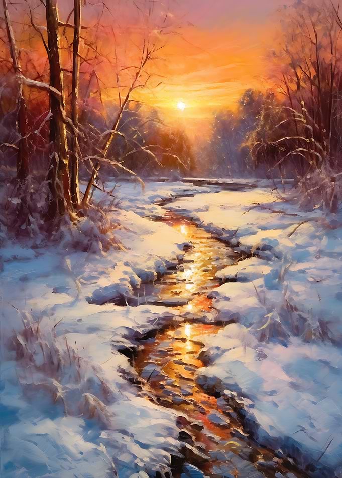 Winter Sunset Over Snowy Stream