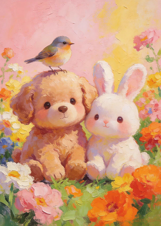 Cute Puppy, Bunny, and Bird in Flowers