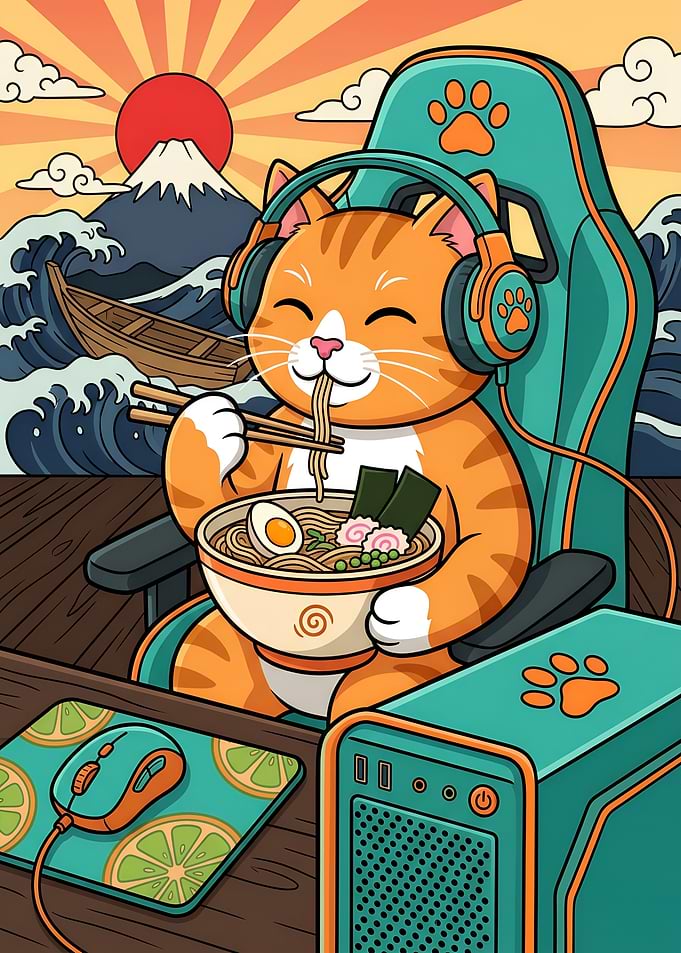 Gamer Cat Eating Ramen Mount Fuji