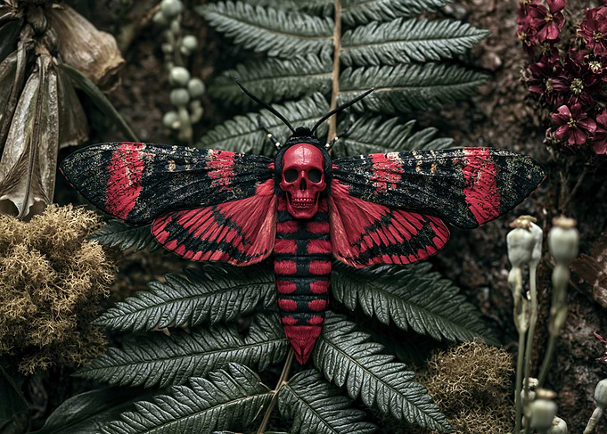 Skull Moth with Red and Black Wings