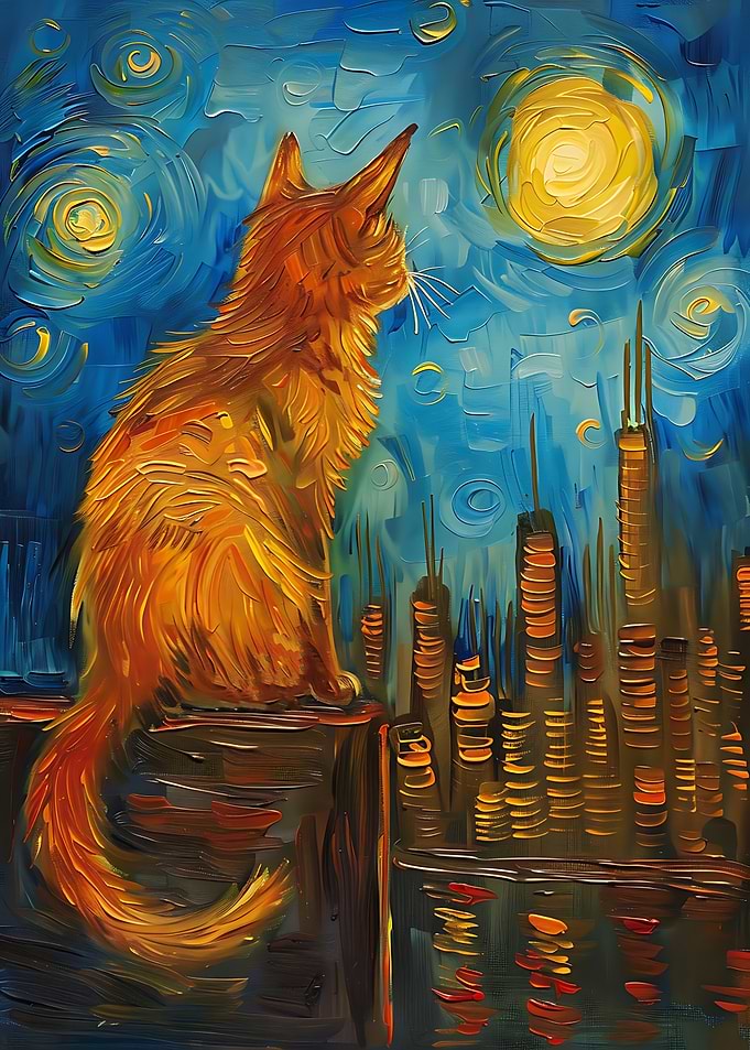 Cat looking at starry city night