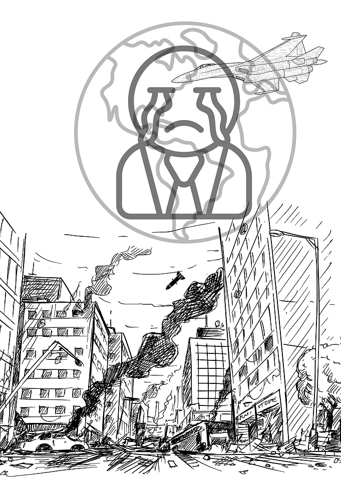 War-torn Cityscape with Crying Globe