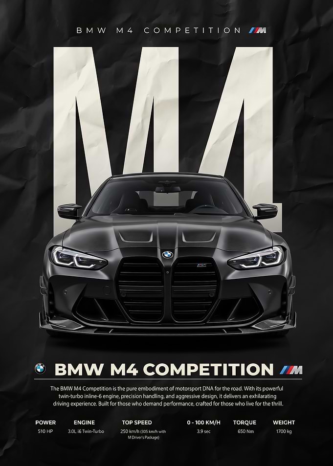 A striking black BMW M4 Competition Poster