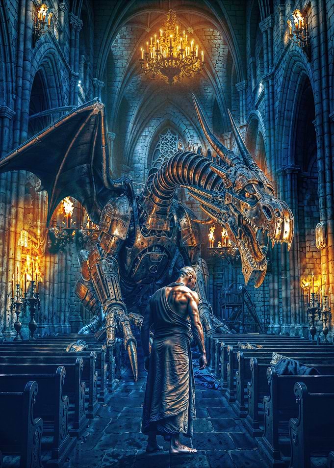 Man confronts mechanical dragon in church