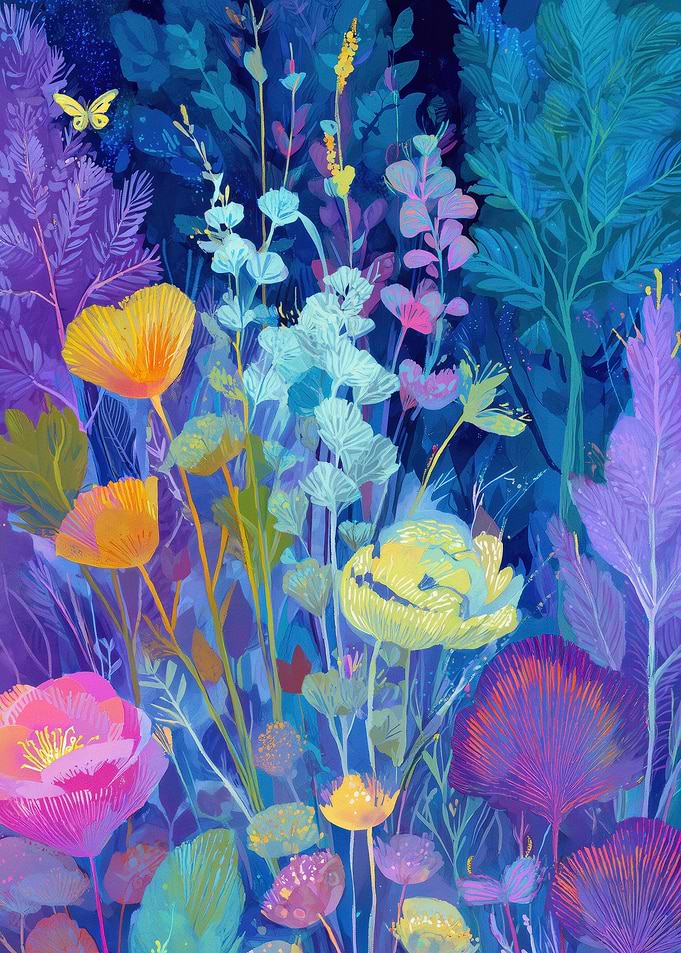 Enchanted Night Garden with Butterflies