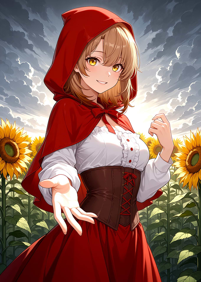 Little Red Riding Hood in Sunflower Field
